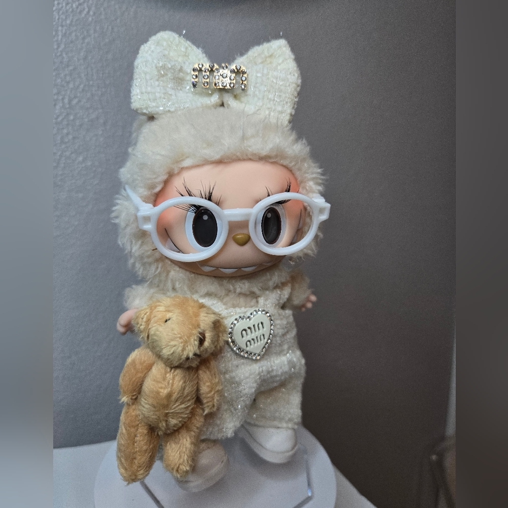 For Labubu Cream Pantsuit  Outfit With Bear And Glasses. - No Doll